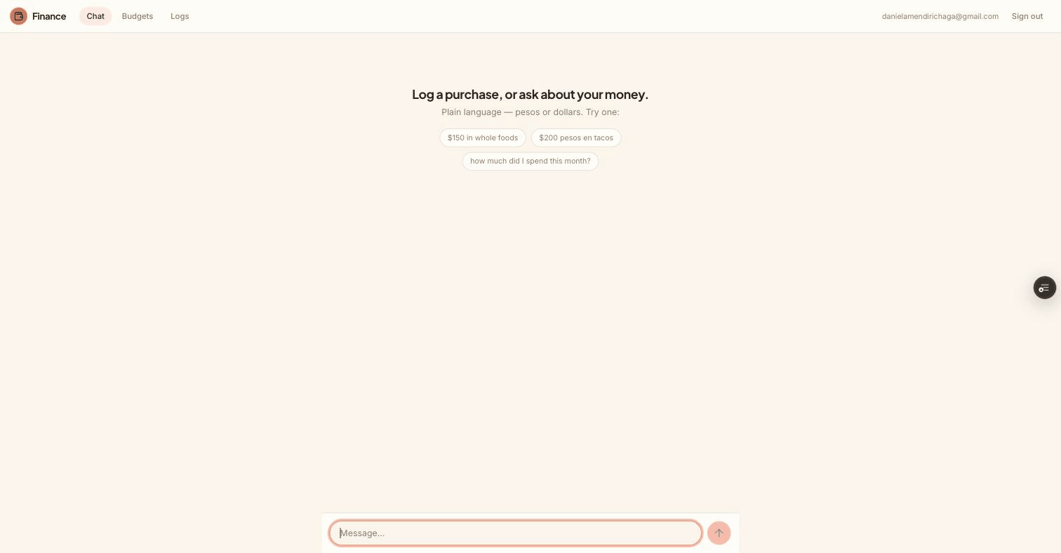 Walkthrough: logging “$200 pesos en tacos” (converted MXN→USD and categorized), a budget warning escalating to over-budget, the dashboard with per-category trends, and a plain-language question answered.